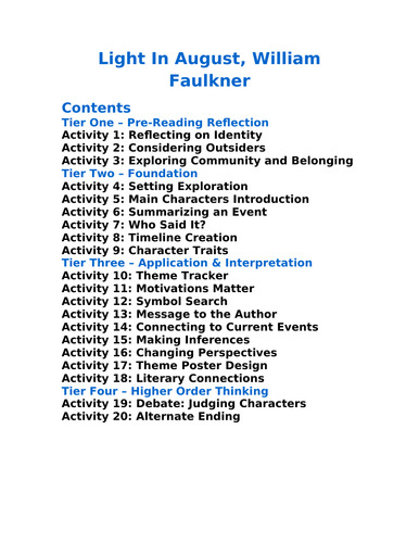 Light In August William Faulkner - 20 Differentiated Activities