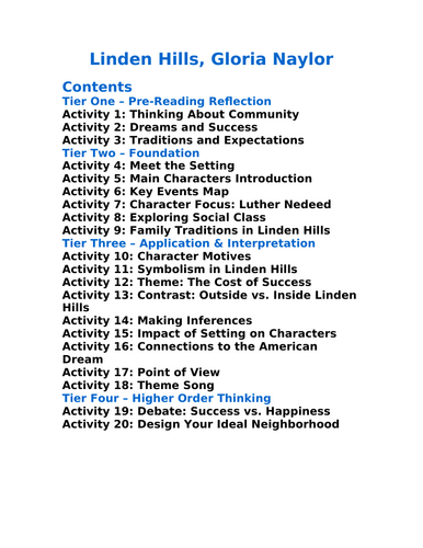 Linden Hills Gloria Naylor - 20 Differentiated Activities