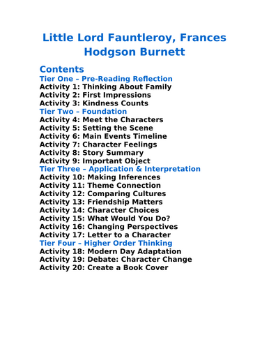 Little Lord Fauntleroy Frances Hodgson Burnett - 20 Differentiated Activities