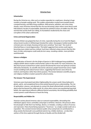 Victorian Fears Context Worksheet