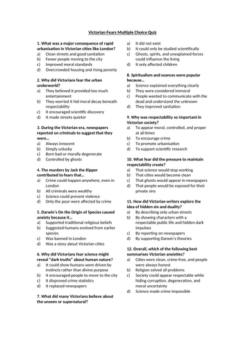 Victorian Fears Multiple Choice Quiz