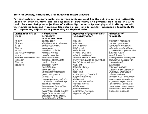 Ser with country, nationality, and adjectives mixed practice