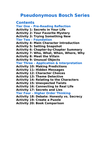 Pseudonymous Bosch Series - 20 Differentiated Activities | Teaching ...