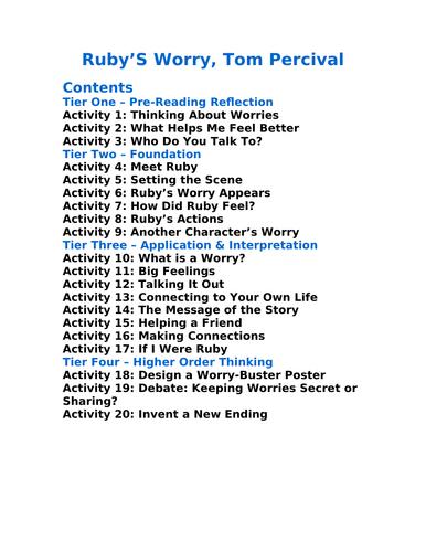 Rubys Worry Tom Percival - 20 Differentiated Activities | Teaching ...
