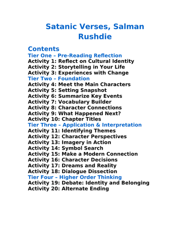 Satanic Verses Salman Rushdie - 20 Differentiated Activities | Teaching ...