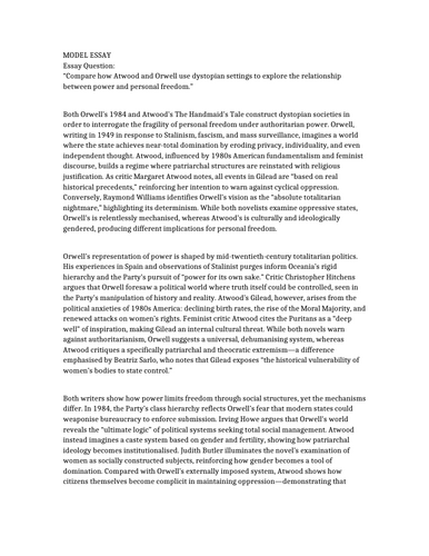 Full Model essay - A Level 1984 compared with The Handmaid's Tale