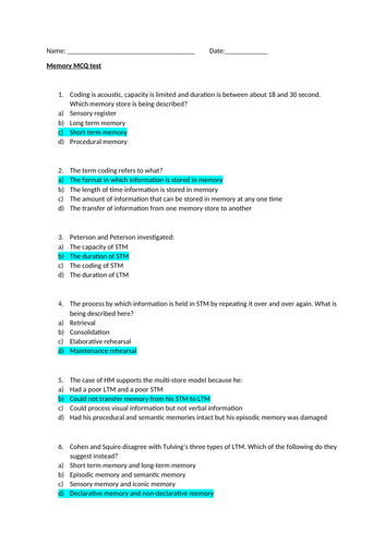 A-Level  Memory Multiple Choice Questions and Answers (AQA)