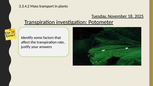 AQA A-Level New specification - 3.3.4.2 Transpiration with Potometer (Mass transport in plants)
