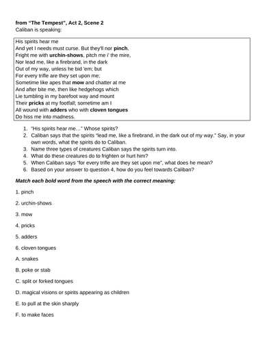 KS3, KS2 "The Tempest" Caliban's torments, HW, Cover, Classwork