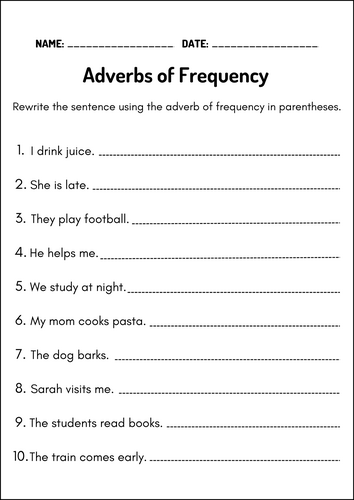 Adverbs of Frequency Activity Worksheets Practice