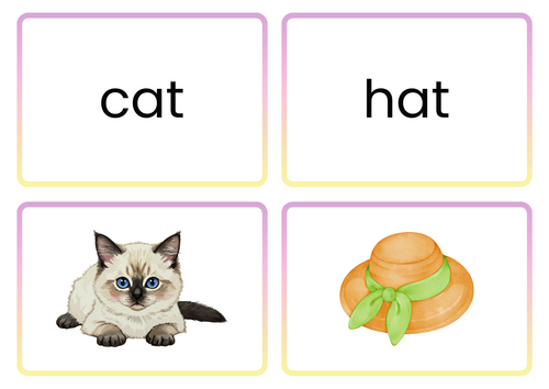 CVC Words A English Flashcards in pink and yellow Illustrated Style