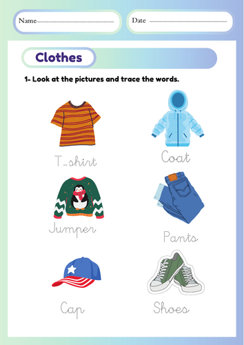 Clothes Worksheet in blue   Illustrative Style