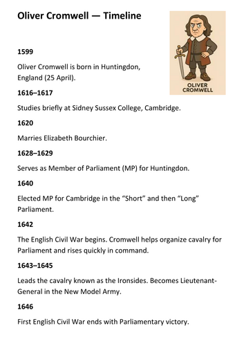 Oliver Cromwell Timeline