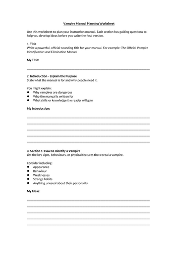 Writing To Inform - Vampire Instructions Planning Worksheet