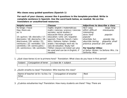 Mis clases easy guided questions (Spanish 1)