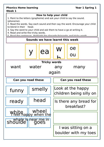 Little Wandle Homework sheets Year 1 Spring 1 week 1 -5