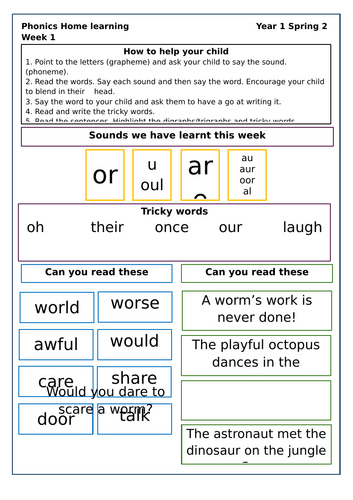 Little Wandle Homework sheet Year 1 Spring 2 Week 1-5