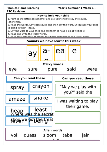 Little Wandle Homework sheet Year 1 Summer 1 week 1-5