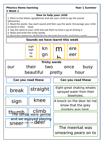Little Wandle Homework sheet Year 1 Summer 2 Week 1-5