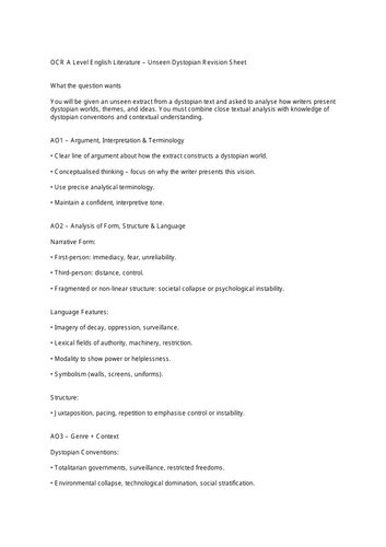 Unseen Dystopian Revision sheet A Level OCR