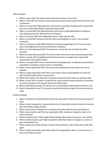 Comprehensive PE Theory Revision Pack Sport Psych and Skill – Short Questions & Answers