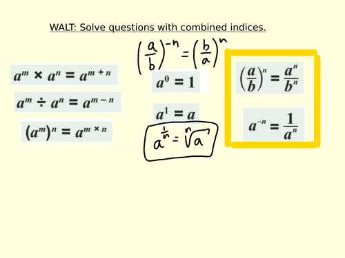 Combined indices. Simplify by using index laws.