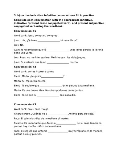 Subjunctive Indicative Infinitive conversation fill in practice