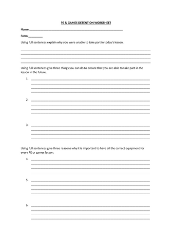 PE & Games Detention worksheet