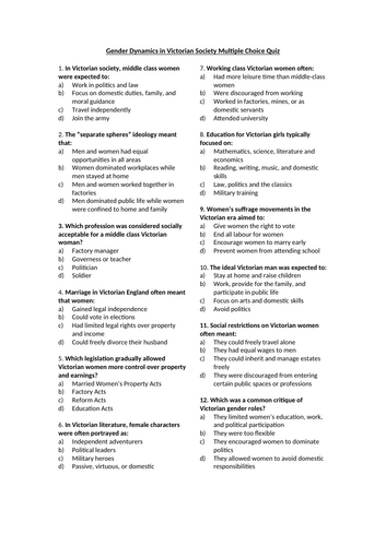 Gender in Victorian Society Multiple Choice Quiz