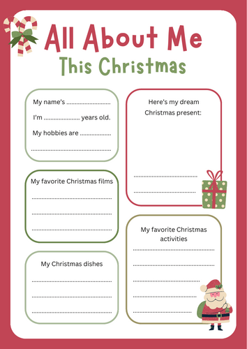 All About Me This Christmas Worksheets - all about my christmas