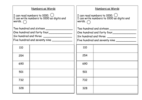 Numbers as Words to 1000 Worksheet