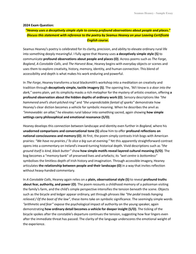 Seamus Heaney H1 Sample Essay & Self-Assessment Sheet