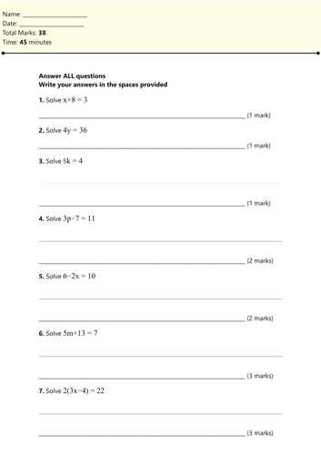 Edexcel GCSE Solving Linear Equations Test