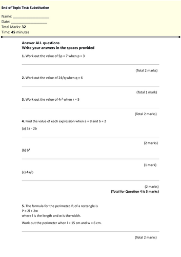 GCSE Maths Substitution Test - Edexcel Foundation