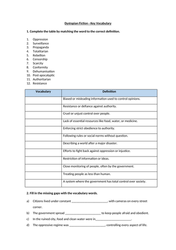 Dystopian Fiction Vocabulary Worksheet