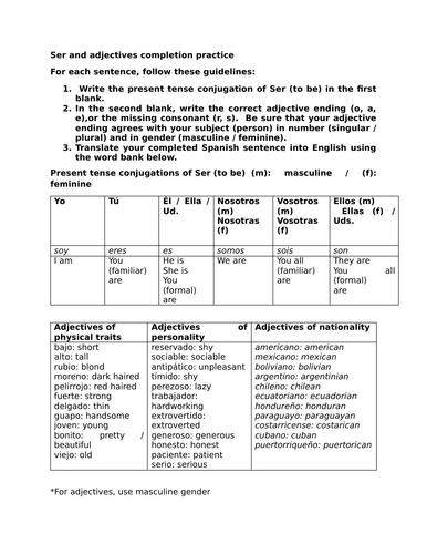 Ser and adjectives completion practice