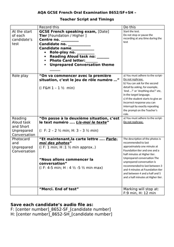 AQA GCSE French 8652 Speaking Exam Teacher Script & Guidance