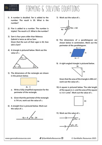Forming and Solving Equations - Maths Foundation GCSE Worksheet