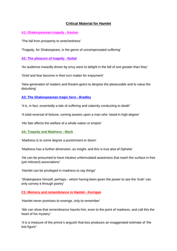 Hamlet A level - critics  quote bank