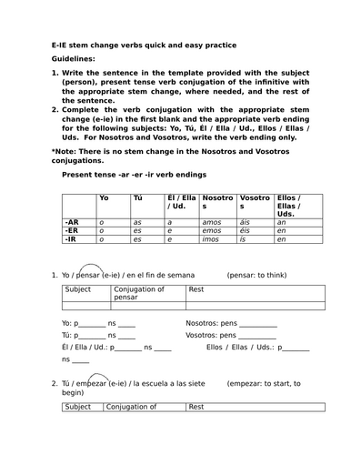 E-IE stem change verbs quick and easy practice