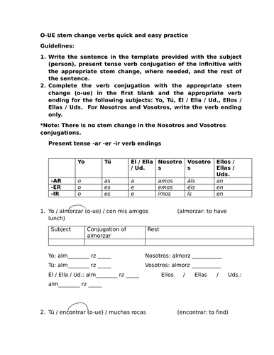 O-UE stem change verbs quick and easy practice