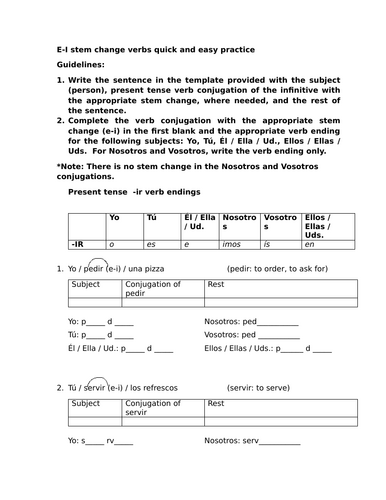 E-I stem change verbs quick and easy practice