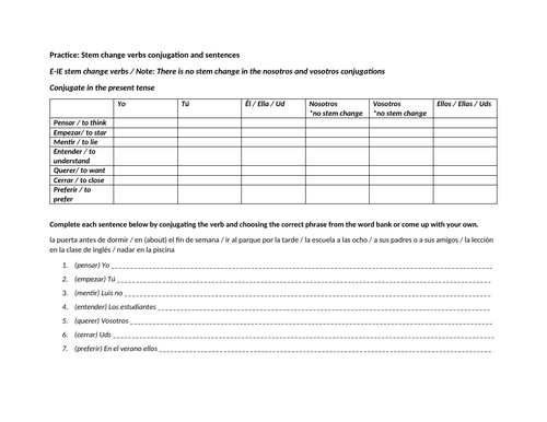 Stem change verbs sentence completion and conjugation practice