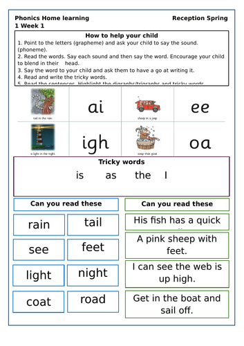 Little Wandle Phonics Homework sheets Reception Spring 1 Week 1-5