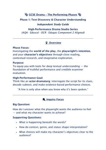 GCSE Drama - The Performing Phases. Phase 1 FREE: Text Discovery & Character Understanding