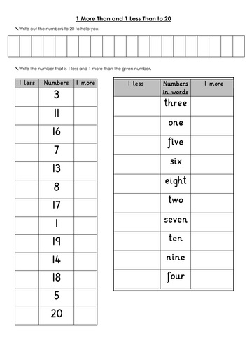 1 More Than and 1 Less Than to 20