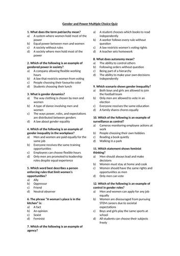 Gender and Power Multiple Choice Quiz