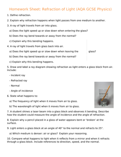 NEW (2016) AQA GCSE Physics - Refraction homework