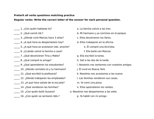 Preterit tense all verbs questions matching practice (Spanish)