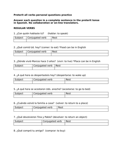 Preterit all verbs personal questions practice (Spanish)
